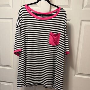 SHEIN Curve+ Black & White Striped Top with Hot Pink Trim